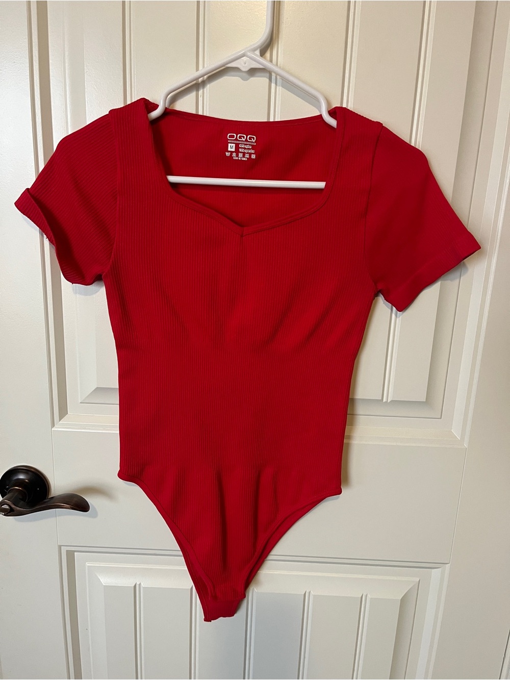 OGG Red Ribbed Square-Neck Short Sleeve Bodysuit